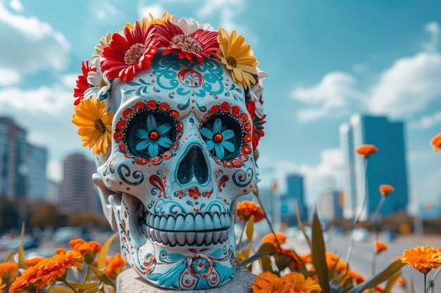 Foto grátis crânio mexicano com belas flores.