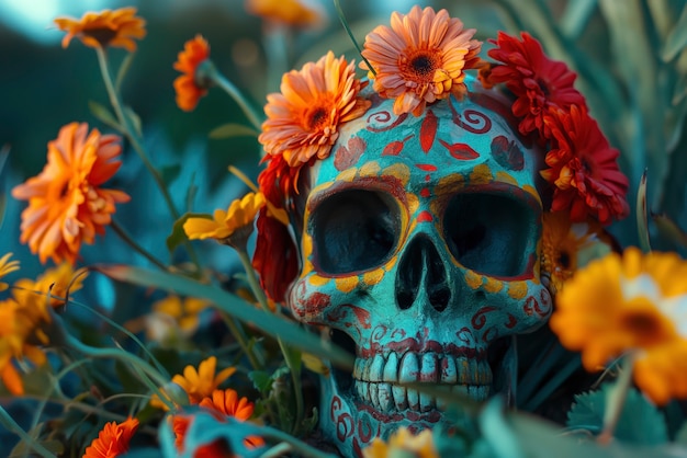 Foto grátis crânio mexicano com belas flores.