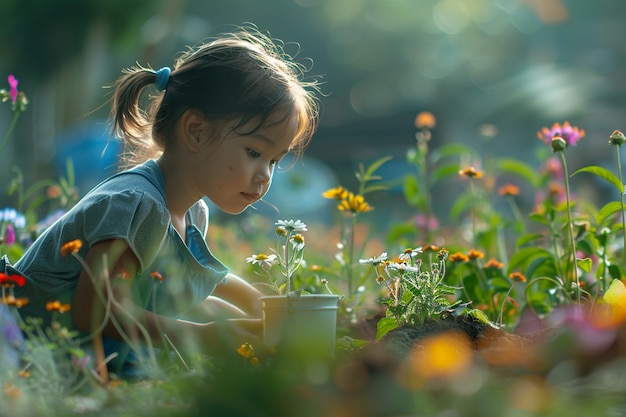 Criança a aprender a jardinagem