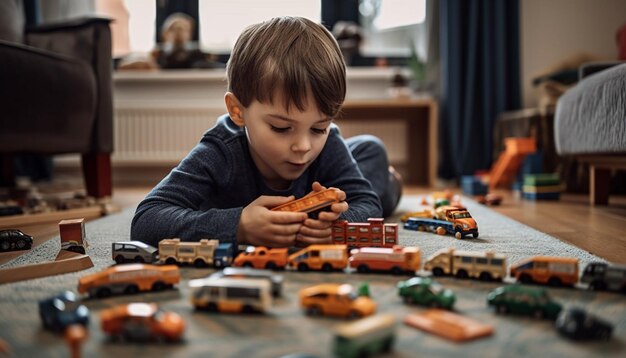 Criança caucasiana bonita brincando com carro de brinquedo dentro de casa gerado por IA
