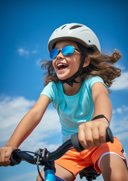 Criança de ângulo baixo andando de bicicleta ao ar livre