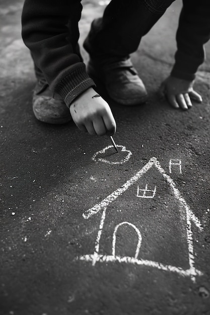 Criança desenhando casa com giz no chão ao ar livre