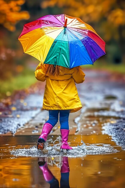 Criança desfrutando da felicidade da infância brincando na poça de água depois da chuva