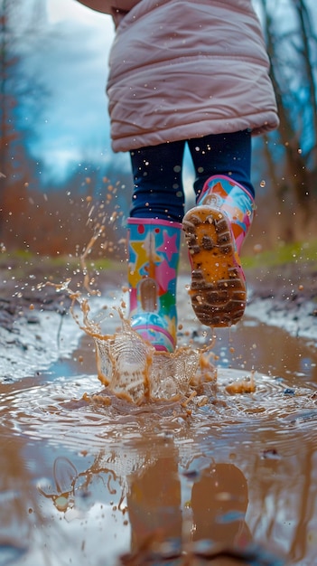 Foto grátis criança desfrutando da felicidade da infância brincando na poça de água depois da chuva