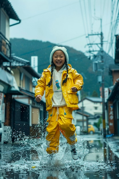 Foto grátis criança desfrutando da felicidade da infância brincando na poça de água depois da chuva