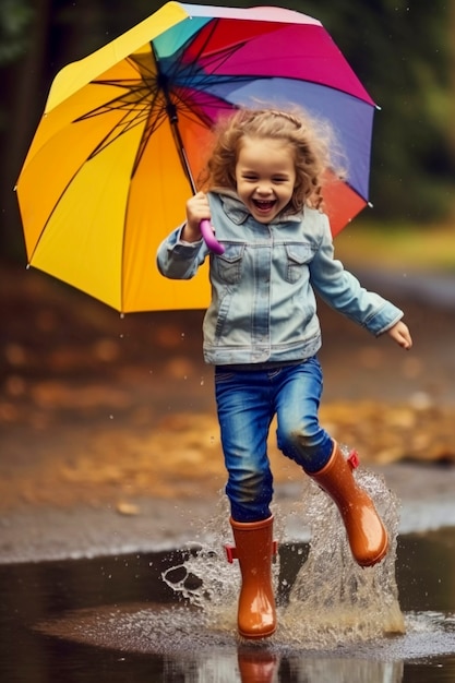 Foto grátis criança desfrutando da felicidade da infância brincando na poça de água depois da chuva