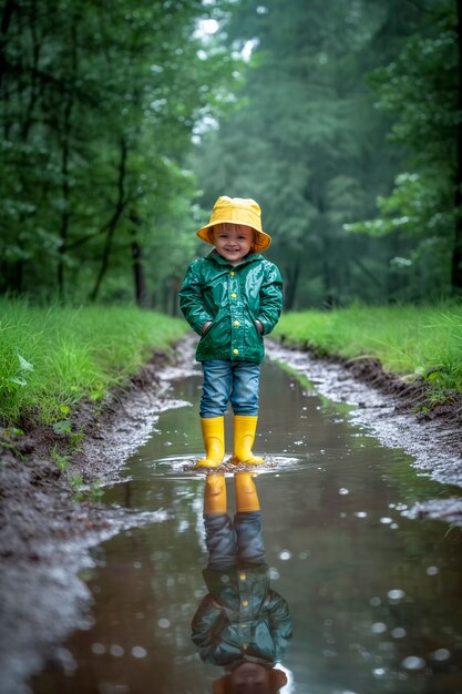 Foto grátis criança desfrutando da felicidade da infância brincando na poça de água depois da chuva