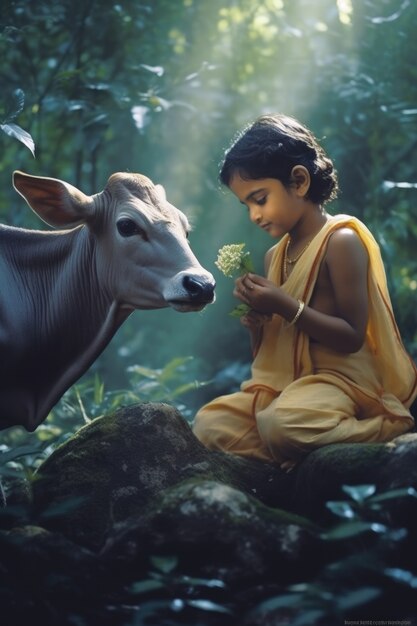 Criança fotorrealista representando Krishna