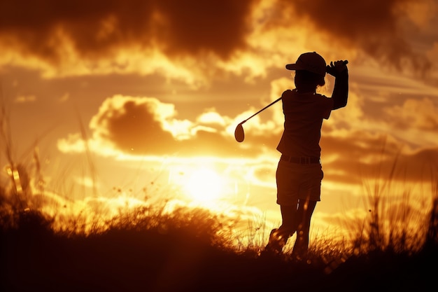 Criança jogando golfe em um ambiente fotorrealista