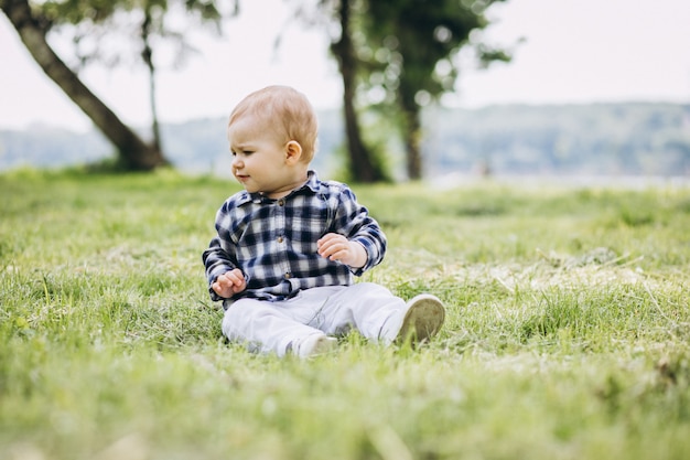 Criança pequena bonito do menino que senta-se na grama no parque