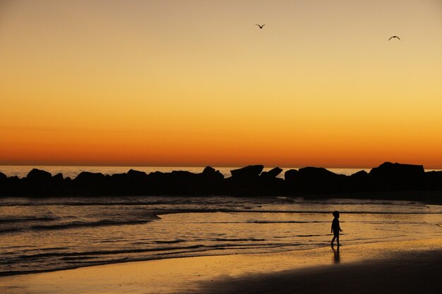 Criança pequena joga na costa do oceano em pé diante das ondas em luzes do por do sol