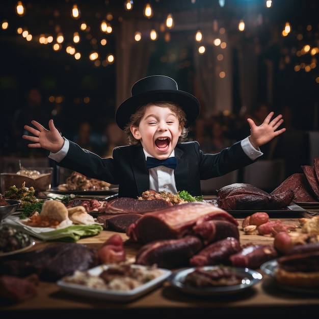 Criança pequena na mesa de jantar de Hanukkah com comida deliciosa