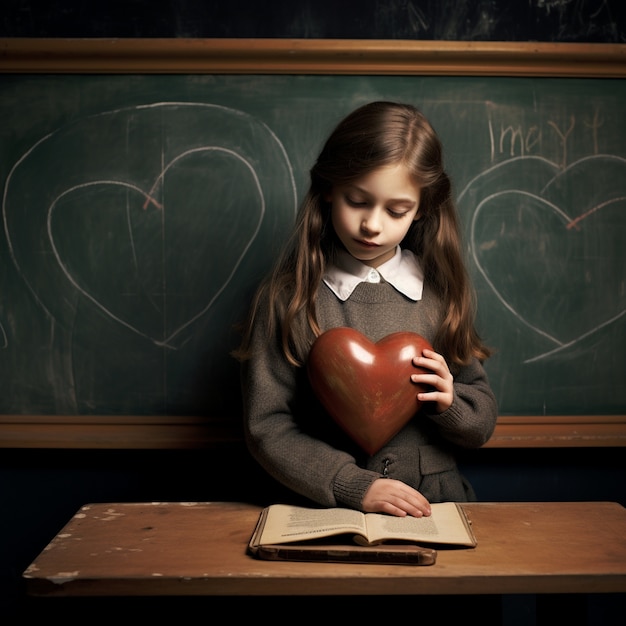 Foto grátis criança pequena segurando uma forma de coração 3d