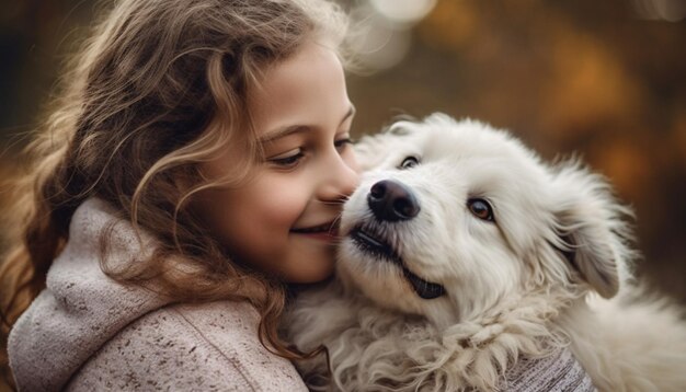 Criança sorridente abraça cachorrinho brincalhão na natureza gerado por IA