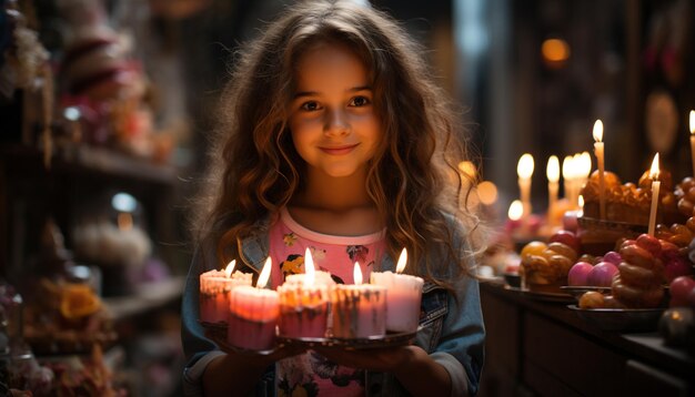 Foto grátis criança sorridente segurando vela comemorando aniversário com família alegre gerada por inteligência artificial