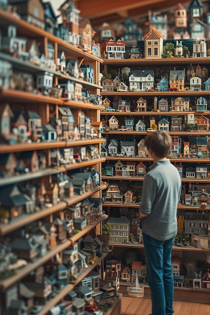 Crianças à procura de casas em miniatura em prateleiras