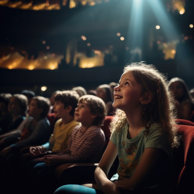 Crianças assistindo uma peça no palco para o dia do teatro de palavras