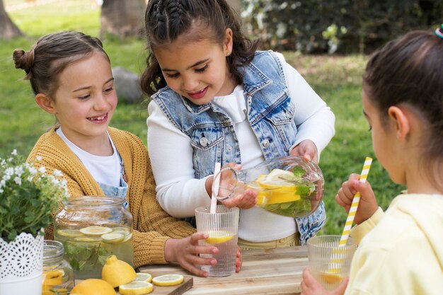 Crianças com barraca de limonada