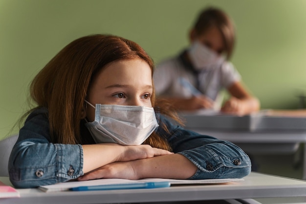 Crianças com máscaras médicas ouvindo o professor em sala de aula