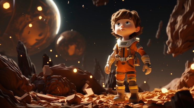 Foto grátis crianças de desenhos animados em 3d explorando a lua no espaço