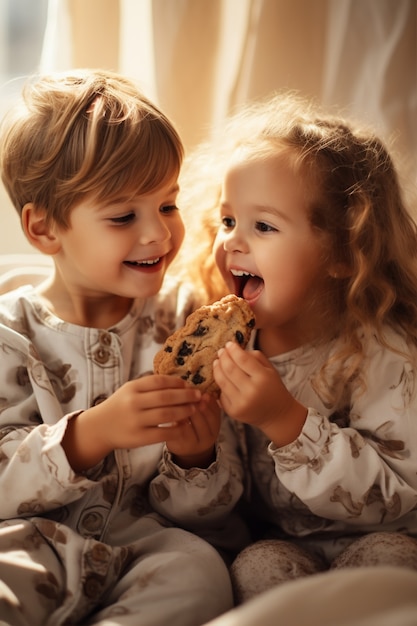 Crianças de vista frontal com delicioso biscoito