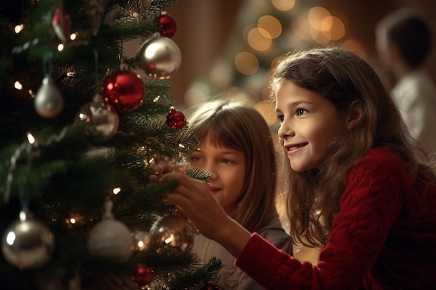 Crianças decorando árvores de natal nas estações de férias