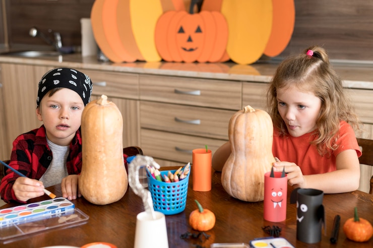 Foto grátis crianças fofas com conceito de halloween de abóboras