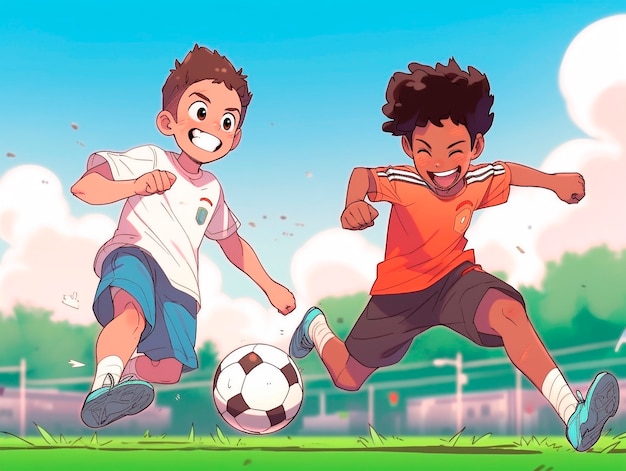 Crianças jogando desenho animado de futebol