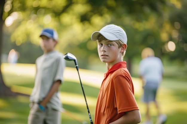 Crianças jogando golfe em um ambiente fotorrealista