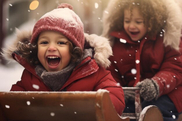 Foto grátis crianças montando um trenó se divertindo ao ar livre durante a estação de inverno