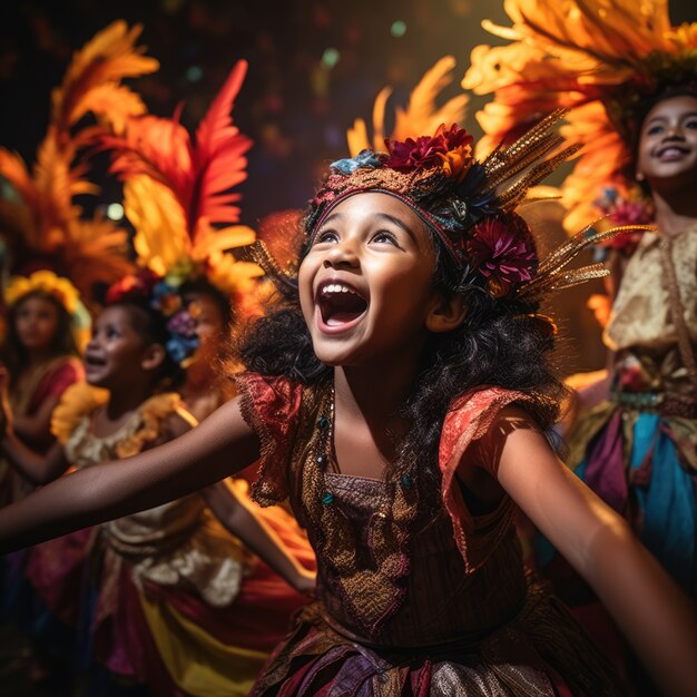Crianças realizando uma peça no palco do teatro para celebrar o dia mundial do teatro