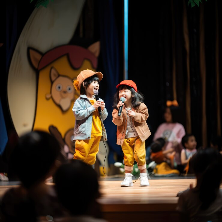 Foto grátis crianças realizando uma peça no palco do teatro para celebrar o dia mundial do teatro