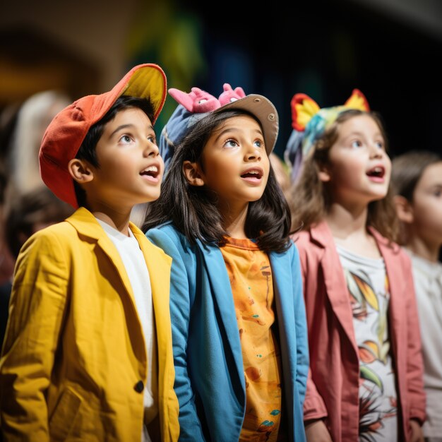 Crianças realizando uma peça no palco do teatro para celebrar o dia mundial do teatro