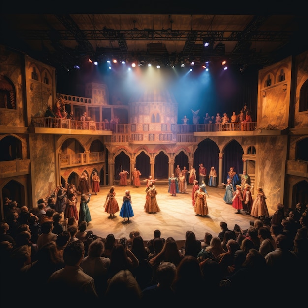 Crianças realizando uma peça no palco do teatro para celebrar o dia mundial do teatro