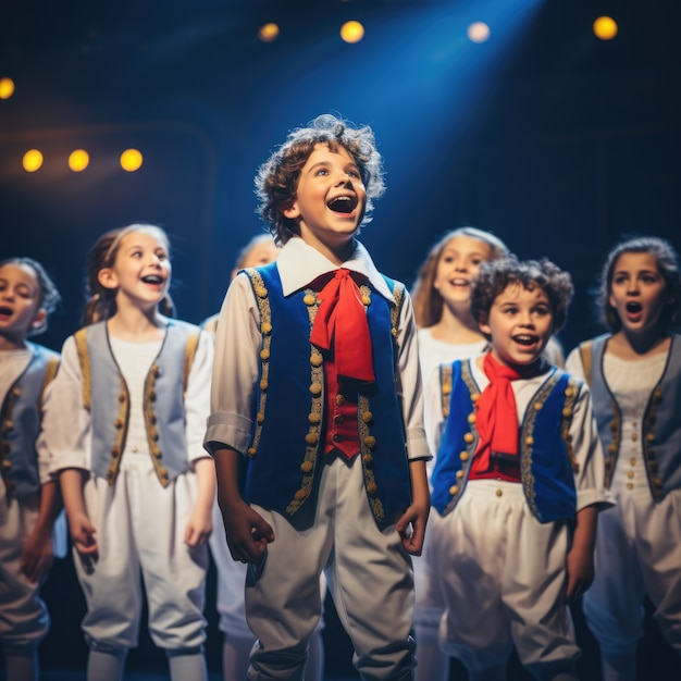 Crianças realizando uma peça no palco do teatro para celebrar o dia mundial do teatro