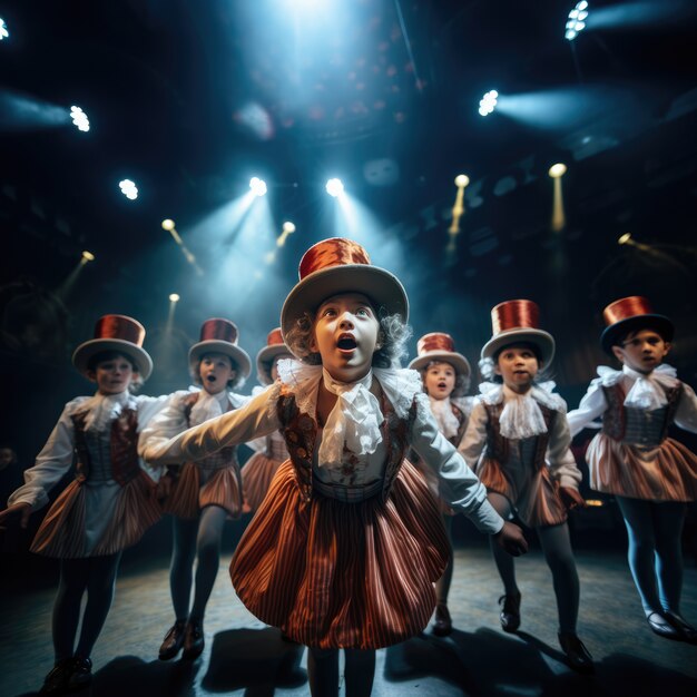 Crianças realizando uma peça no palco do teatro para celebrar o dia mundial do teatro