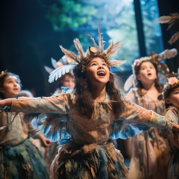 Foto grátis crianças realizando uma peça no palco para o dia do teatro de palavras