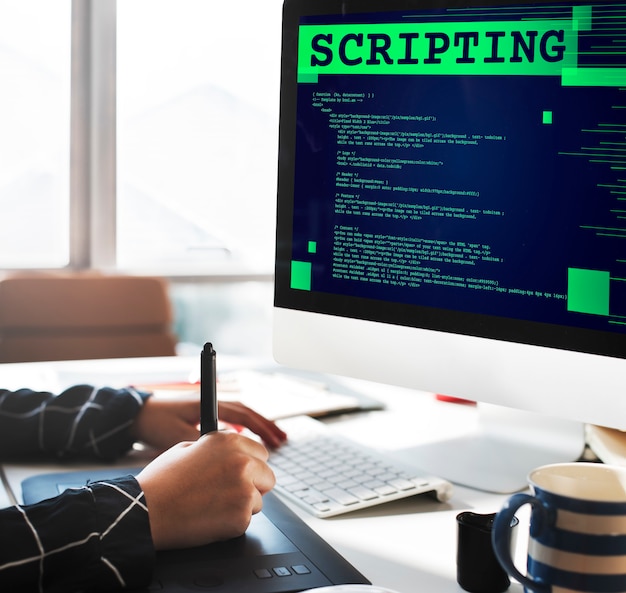 Criando scripts de linguagem de computador, programação, código, desenvolvedor, conceito de tecnologia