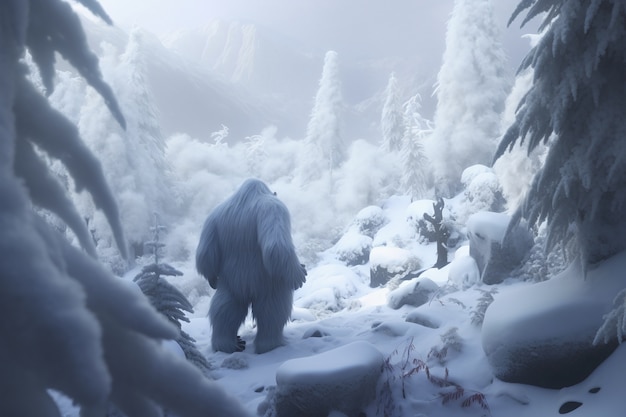 Criatura peludo do personagem yeti na paisagem de inverno
