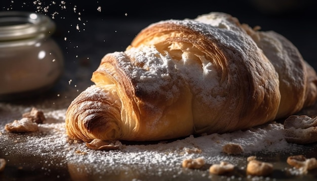 Croissant recém-assado na indulgência de mesa de madeira gerada por IA