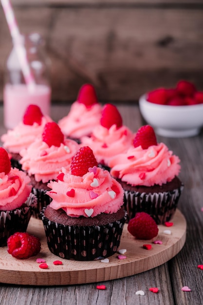 Cupcakes de chocolate com corações de açúcar creme rosa e framboesas frescas para o dia dos namorados Foto Premium
