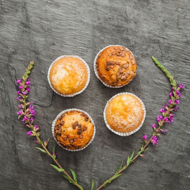 Foto grátis cupcakes e flores em cinza