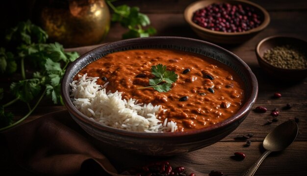 Curry bovino gourmet com arroz basmati e coentro gerado por IA