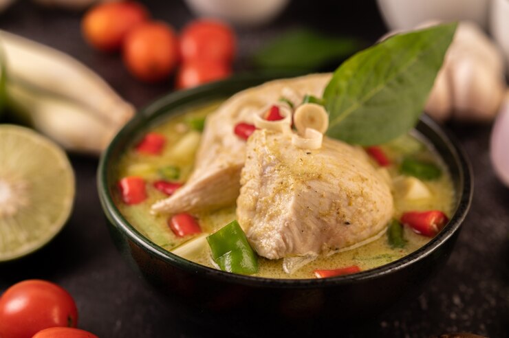 Foto grátis curry verde feito com frango, pimenta e manjericão, com tomate, limão, folhas de limão kaffir e alho.
