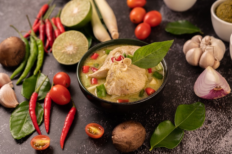 Foto grátis curry verde feito com frango, pimenta e manjericão, com tomate, limão, folhas de limão kaffir e alho.