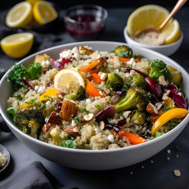 Foto grátis cúscus vegetariano com brócolis, grão-de-bico e legumes