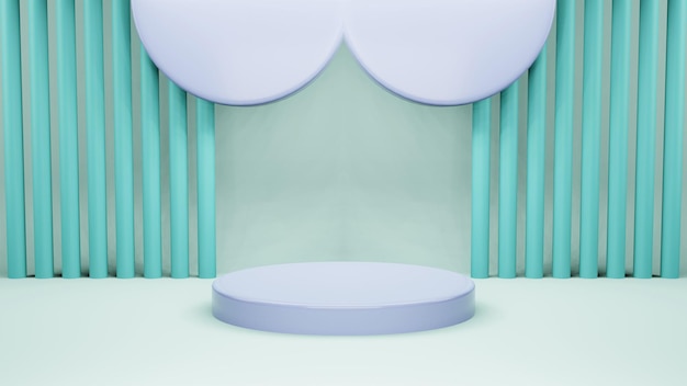 D render ilustração simulada no pódio para apresentação do produto arco de fundo azul pastel com cortina