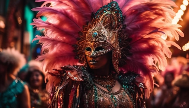 Dançarinos de samba em trajes multicoloridos desfilam alegremente gerados por IA