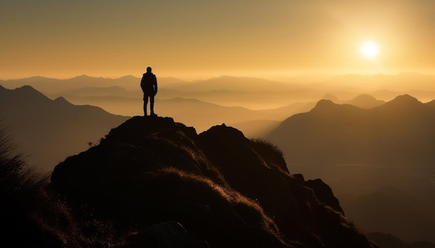 Foto grátis de pé na mochila do penhasco admirando o pico da montanha gerado pela ia