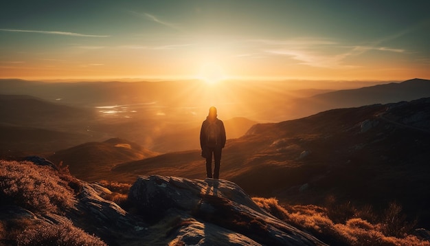 De pé na mochila do pico da montanha e sucesso gerado pela ia